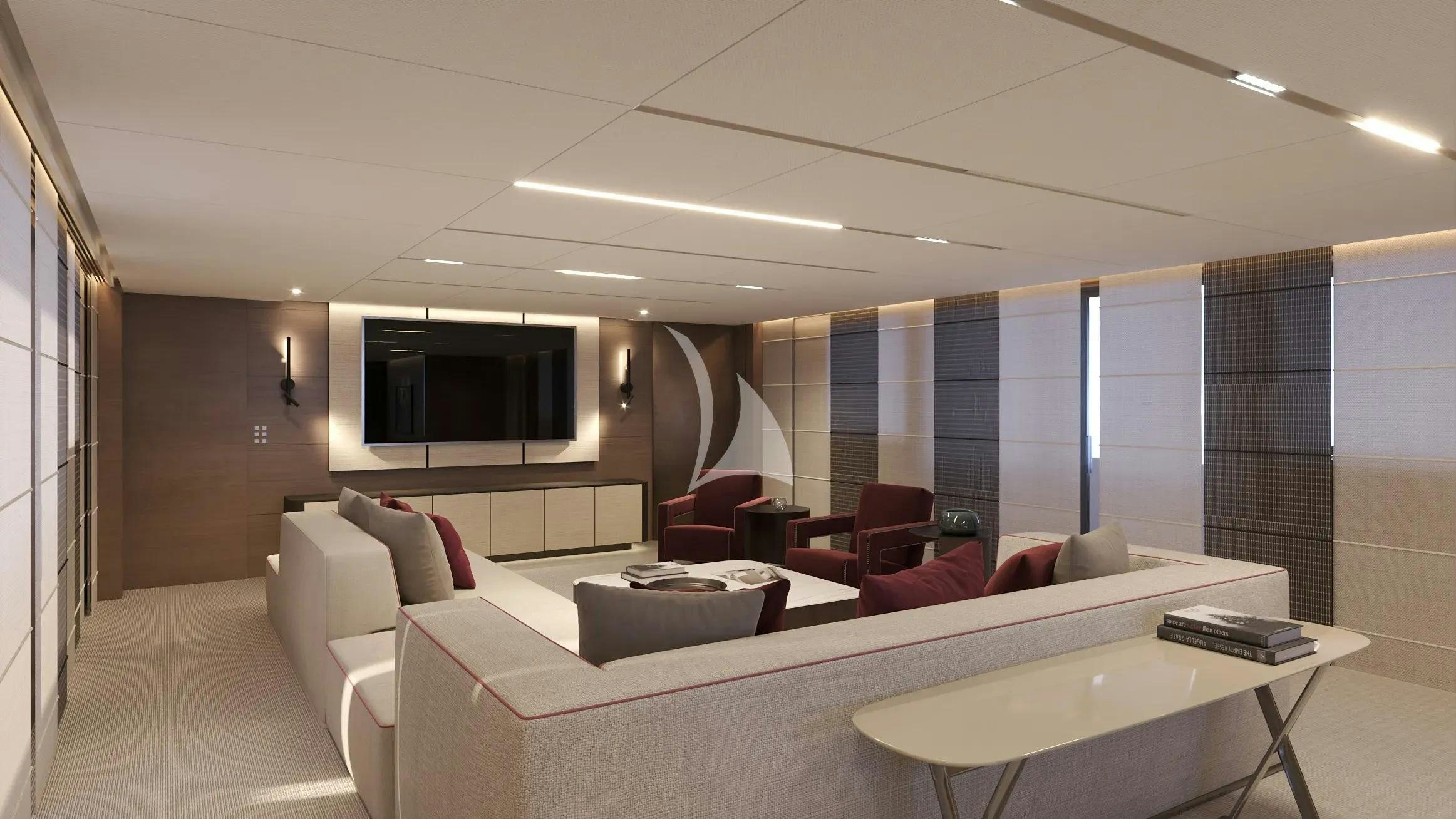 a room with a couch and a tv aboard NAIA Yacht for Charter