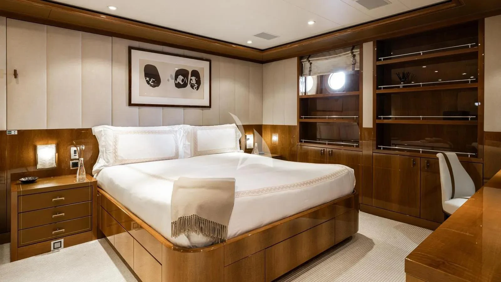 a bed in a room aboard BATELLO Yacht for Charter