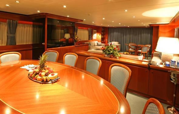 a table with a bowl of fruit on it aboard ALCOR Yacht for Charter
