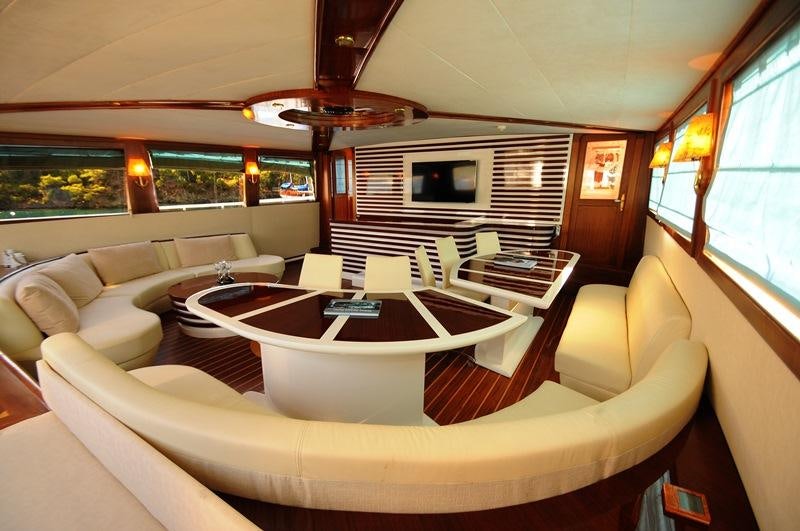 a living room with a table and couches aboard ESMA SULTAN Yacht for Charter