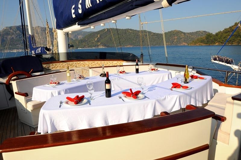 a table with wine bottles on it aboard ESMA SULTAN Yacht for Charter