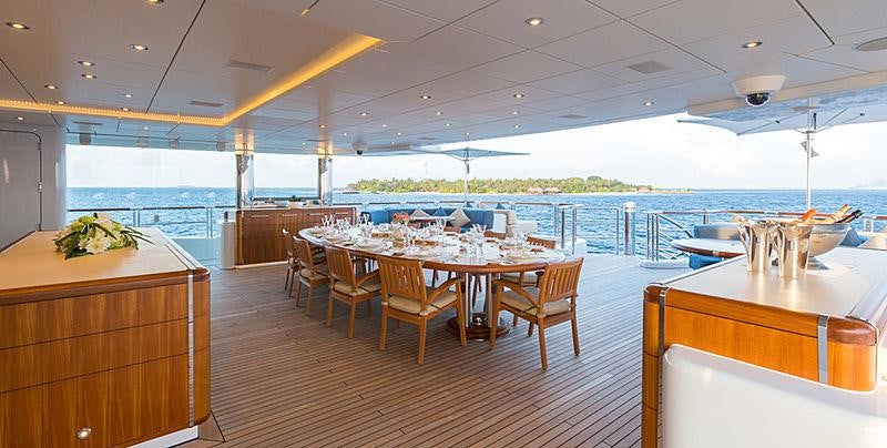a room with tables and chairs aboard WHEELS Yacht for Charter