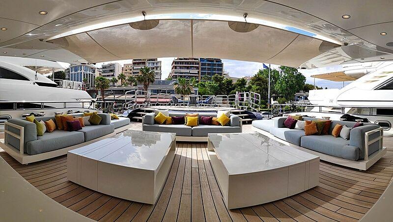 a living room with a large patio aboard LADY VERA Yacht for Charter