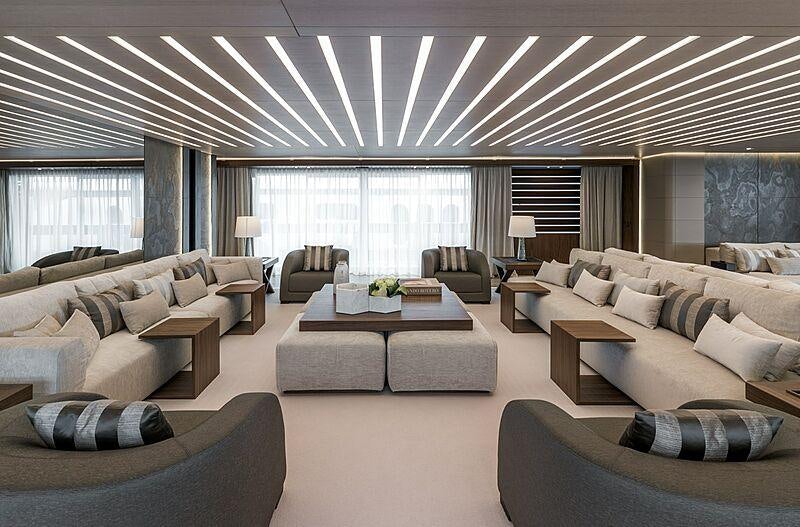 a living room with a large window aboard UTOPIA IV Yacht for Charter