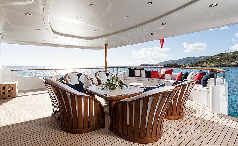 a table and chairs on a deck aboard FLAG Yacht for Charter