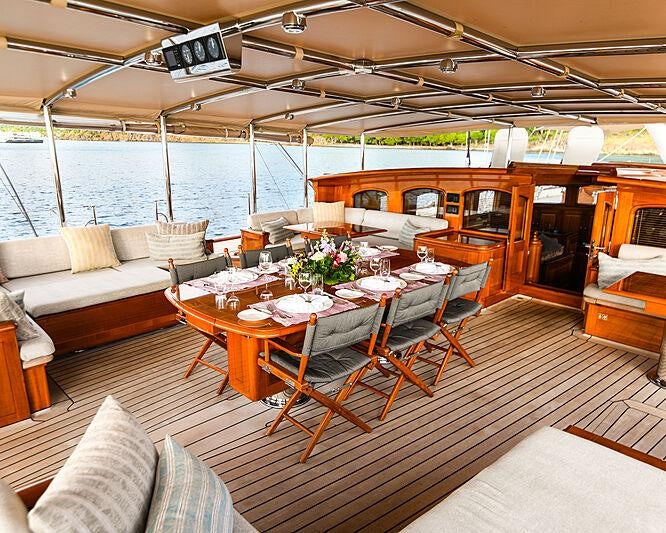 a boat with tables and chairs aboard ATHOS Yacht for Charter