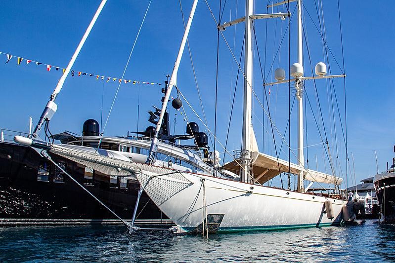 a large white boat in the water aboard ATHOS Yacht for Charter