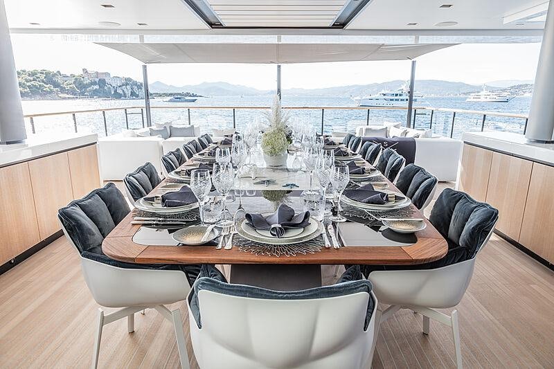 a table with plates and chairs aboard SEVERIN*S Yacht for Charter