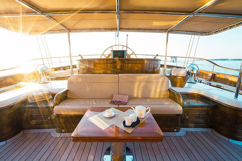 a boat with a table and chairs aboard MIKHAIL S. VORONTSOV Yacht for Charter