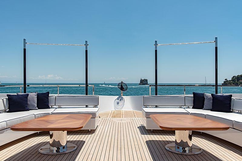 a deck with a table and chairs aboard LADY LENA Yacht for Charter