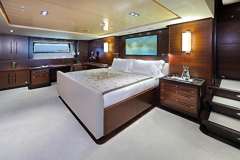 a large bedroom with a large bed aboard PRANA Yacht for Charter