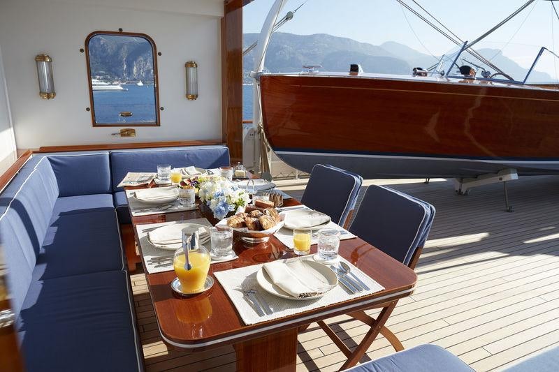 a dining table with food and drinks aboard MALAHNE Yacht for Charter