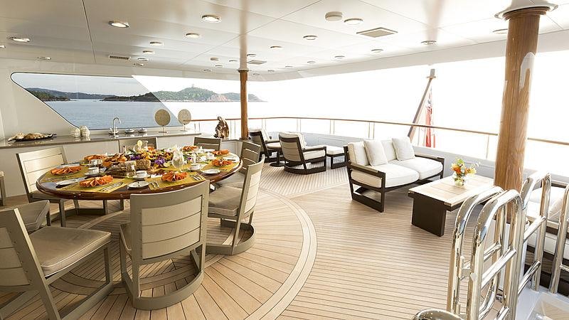 a large room with a table and chairs and a large window aboard LA DEA II Yacht for Charter