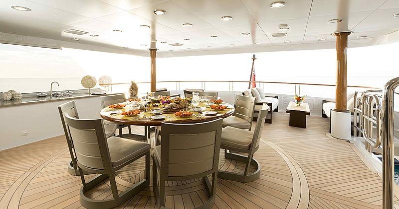 a large room with a table and chairs aboard LA DEA II Yacht for Charter