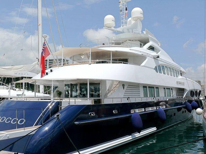 a boat with flags on it aboard SIROCCO Yacht for Charter