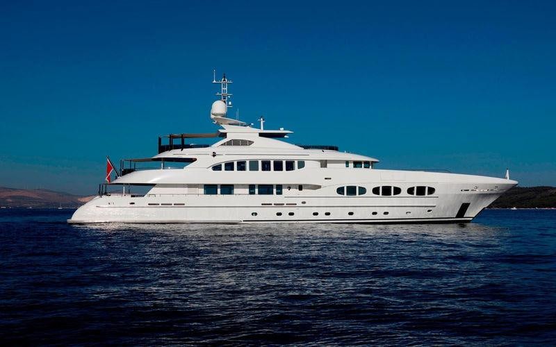 a large white boat in the water aboard ODYSSEA Yacht for Charter