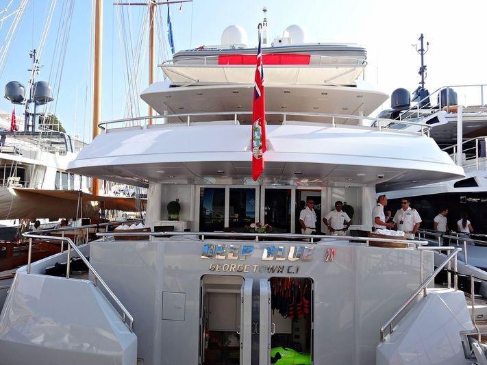a boat with a flag on the front aboard DEEP BLUE II Yacht for Charter