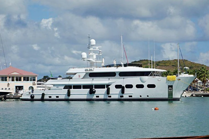 a white yacht in the water aboard BARON TRENCK Yacht for Charter