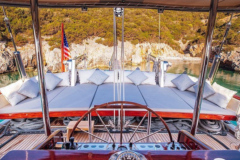 a boat with a flag on the deck aboard HIC SALTA Yacht for Charter