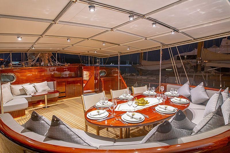 a large room with a table and chairs aboard HIC SALTA Yacht for Charter