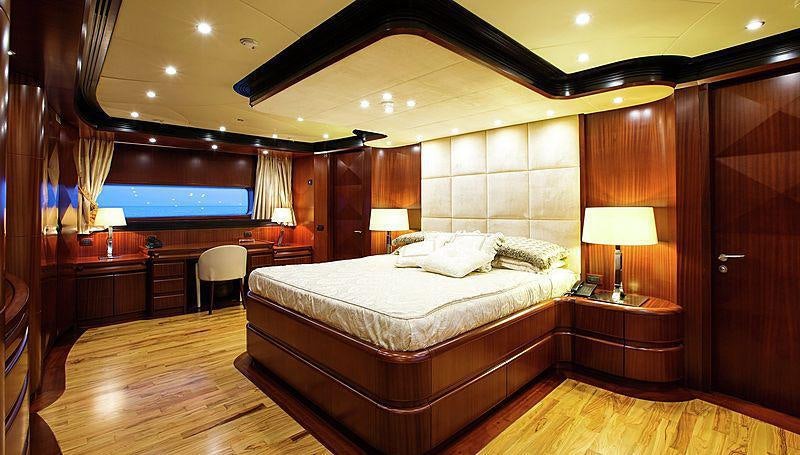 a large hotel room with a large bed and a tv aboard HOLIDAY Yacht for Charter