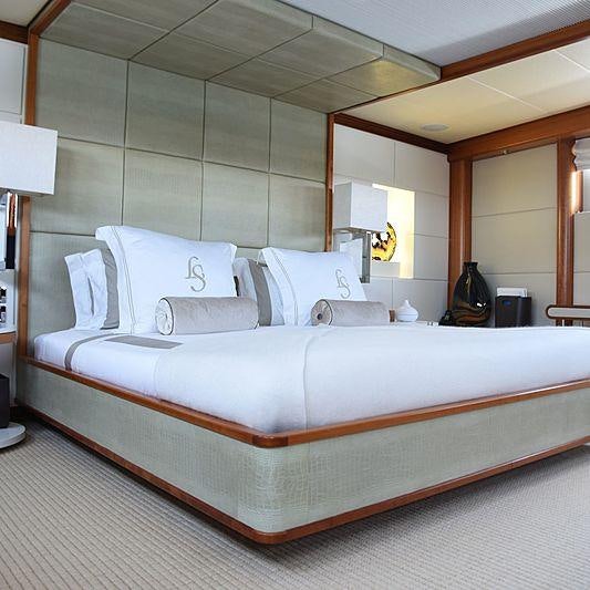 a bed in a room aboard LIFE SAGA Yacht for Charter