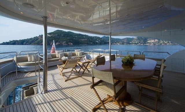 a table and chairs on a deck aboard LADY G II Yacht for Charter
