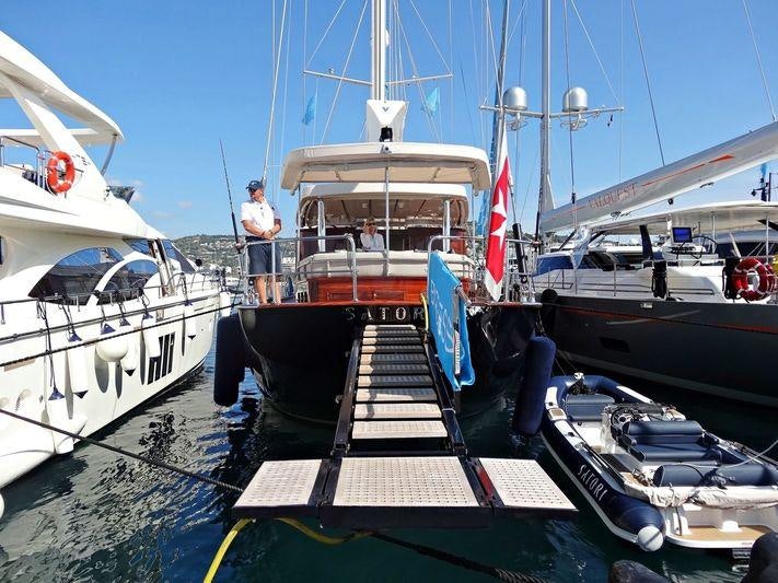 a boat is parked in the dock aboard SATORI Yacht for Charter