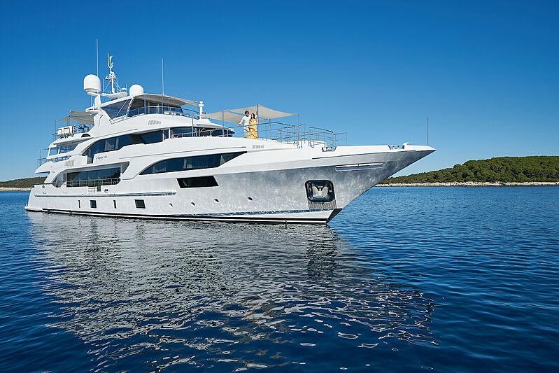 a white yacht on the water aboard HAPPY ME Yacht for Charter