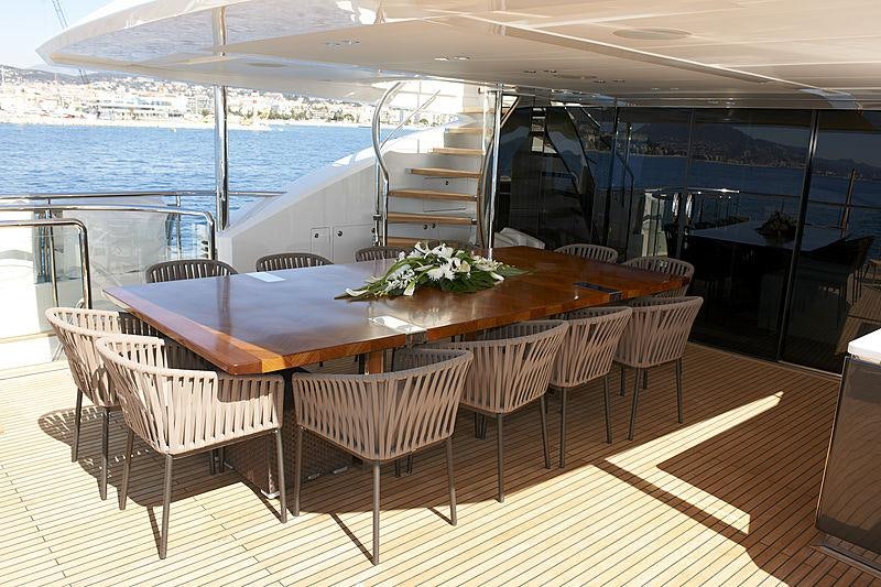a table set for a meal on a deck overlooking a large body of water aboard IMPERIAL PRINCESS BEATRICE Yacht for Charter