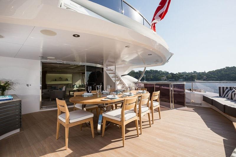 a large white satellite dish on a wooden deck next to a large body of water aboard THUMPER Yacht for Charter