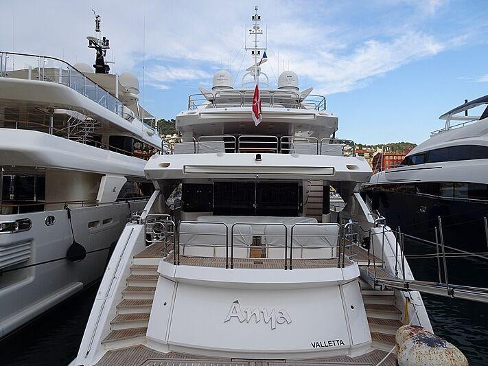 a large white boat with a red and black stripe on it aboard ANYA Yacht for Charter