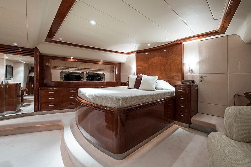 a bedroom with a bed and a television aboard THANDEKA Yacht for Charter