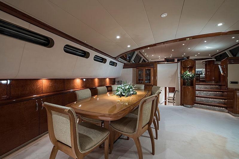 a large dining table in a room aboard THANDEKA Yacht for Charter