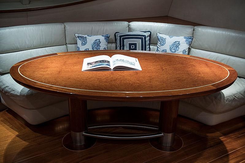 a coffee table with a book on it aboard THANDEKA Yacht for Charter