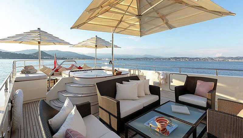 a patio with a table and chairs aboard W EXPLORER Yacht for Charter