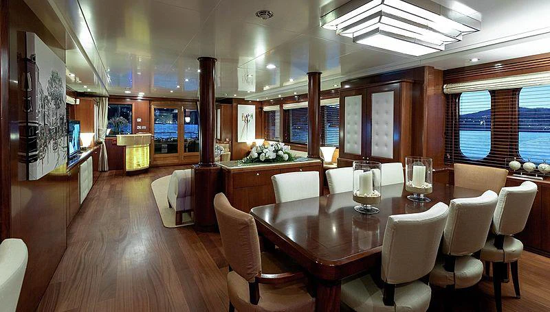 a large room with tables and chairs aboard W EXPLORER Yacht for Charter