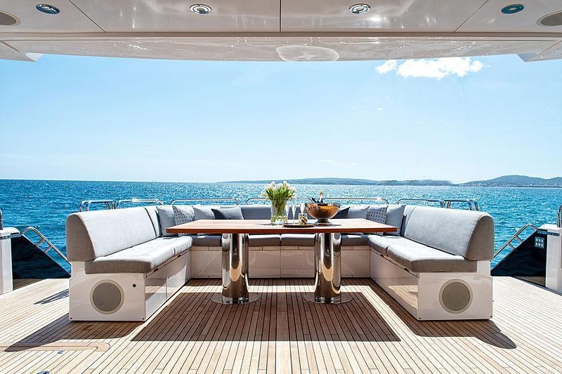 a room with a table and chairs aboard OKSANCHIK Yacht for Charter