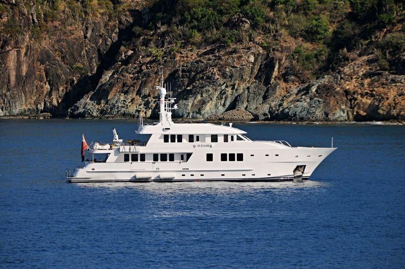 a white boat in the water aboard ATOM Yacht for Charter