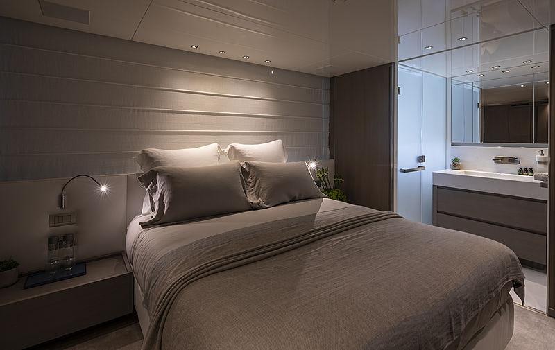 a bed in a room aboard DINAIA Yacht for Charter