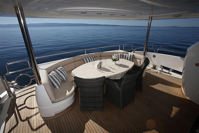 a room with a table chairs and a large body of water aboard BABY I Yacht for Charter