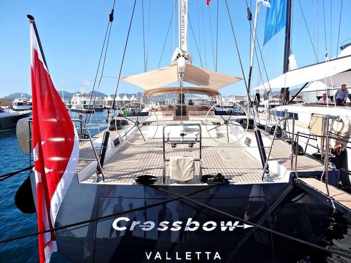 a boat with a red sail aboard CROSSBOW Yacht for Charter