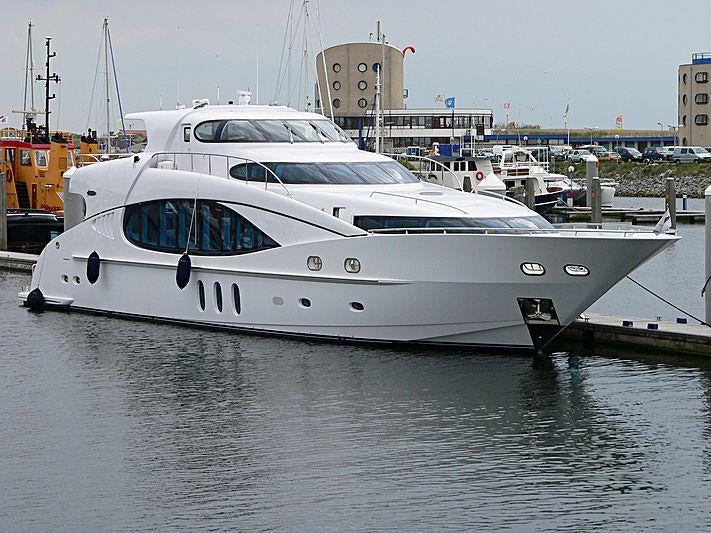a white yacht docked aboard SEA BREEZE ONE Yacht for Charter