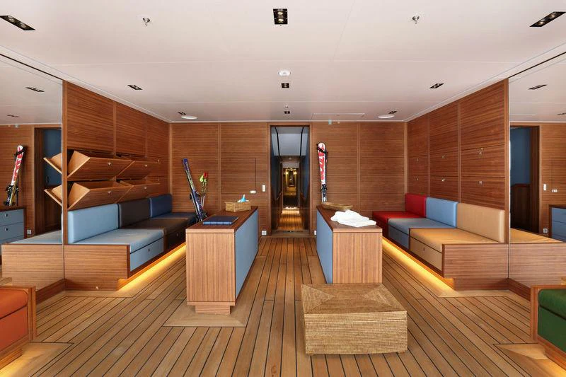 a room with a wood floor and a wood floor aboard PLANET NINE Yacht for Charter
