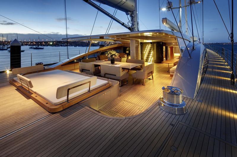 a deck with a view of the water and a dock aboard VERTIGO Yacht for Charter