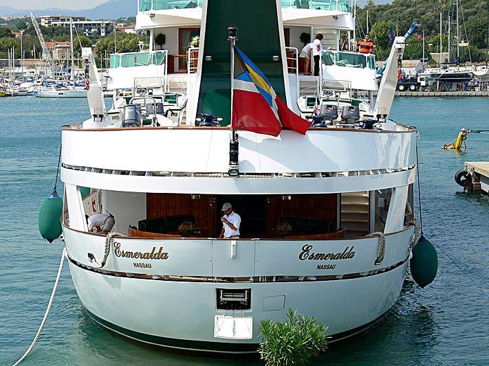 a boat with flags on it aboard ESMERALDA Yacht for Charter