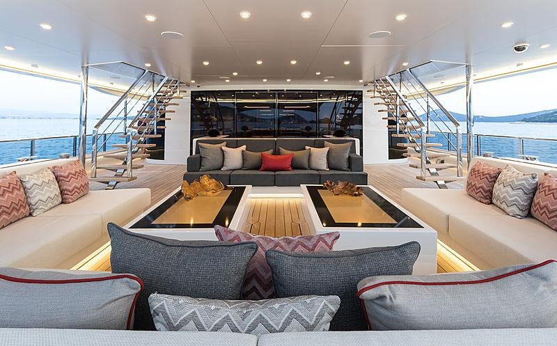 a living room with a large glass window aboard SAMURAI Yacht for Charter