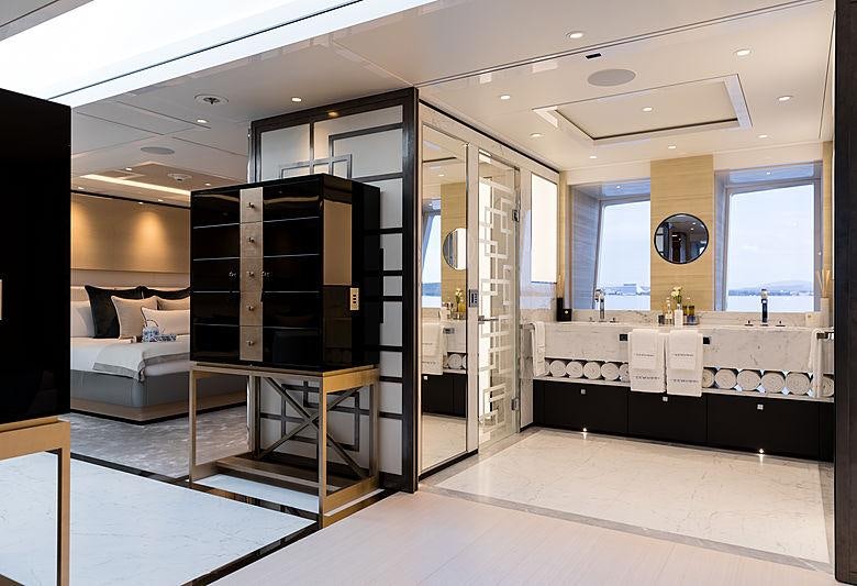 a bathroom with a large mirror aboard SAMURAI Yacht for Charter