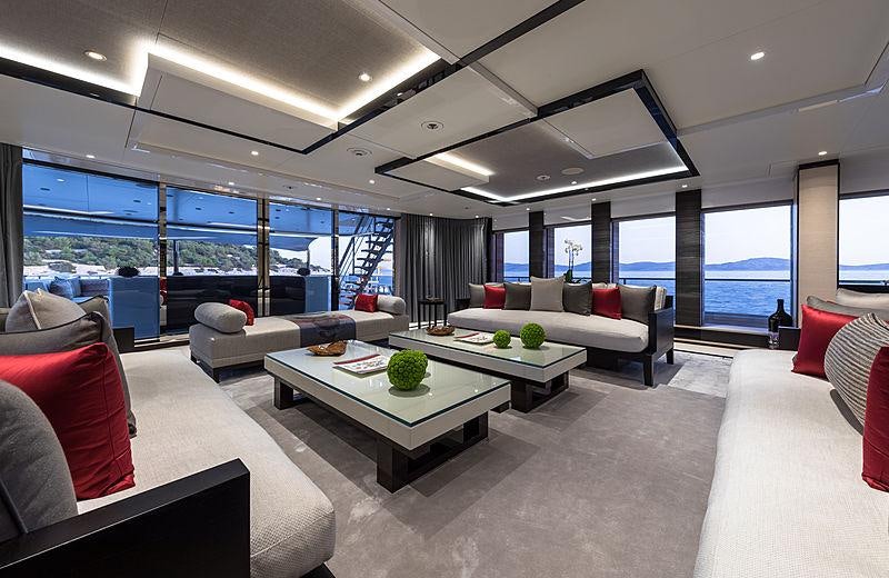 a living room with a large window aboard SAMURAI Yacht for Charter