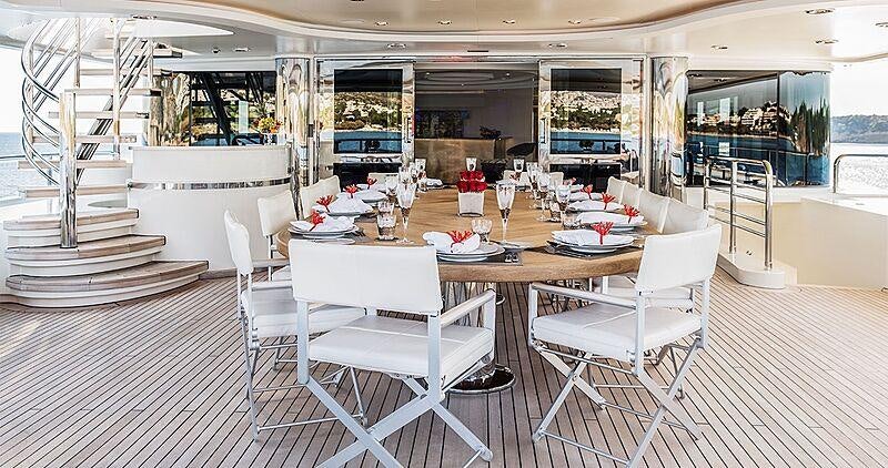 a room with tables and chairs aboard LIGHT HOLIC Yacht for Charter